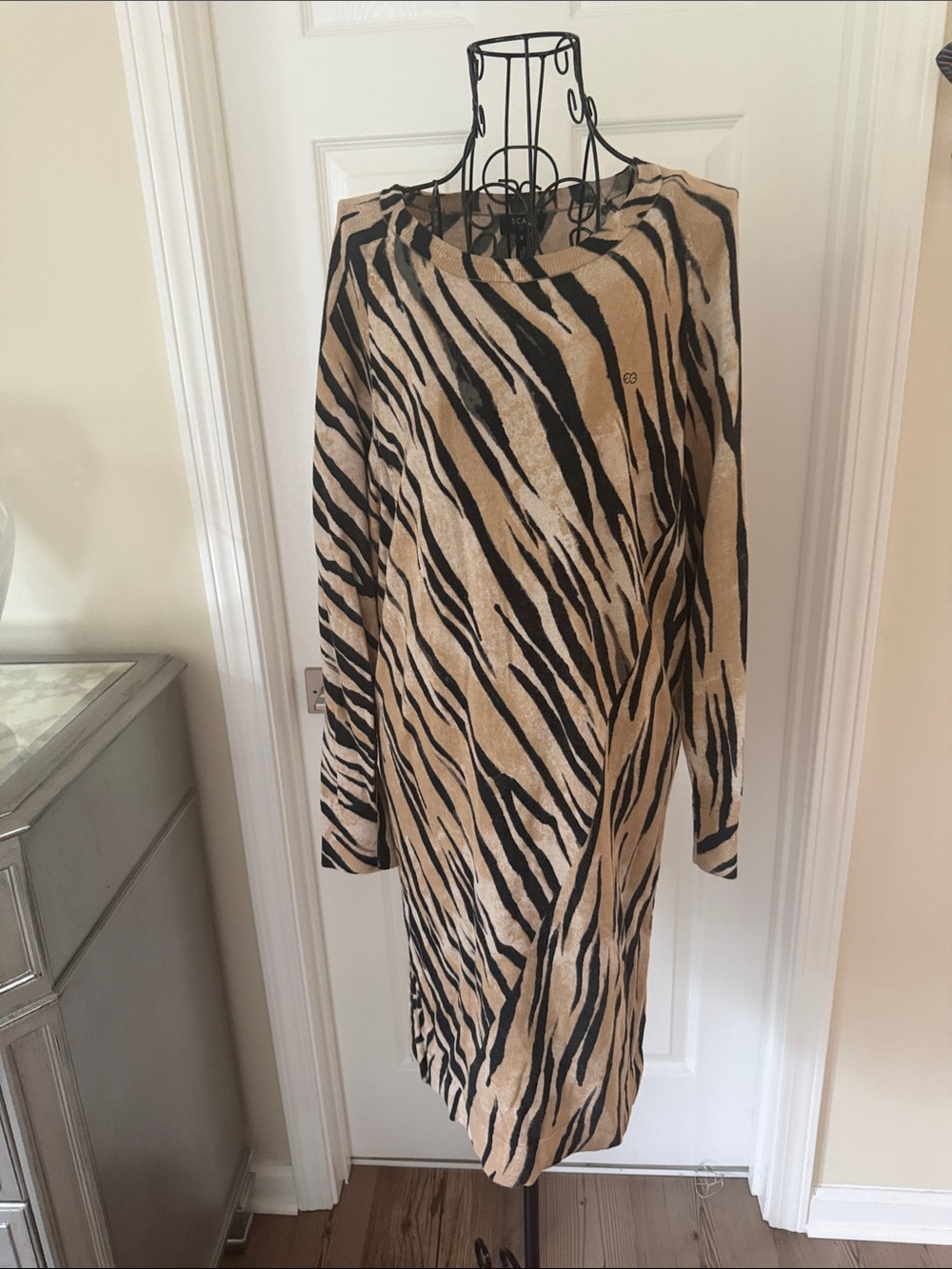 Escada Beige and Black Zebra-Print Long Sleeve Dress